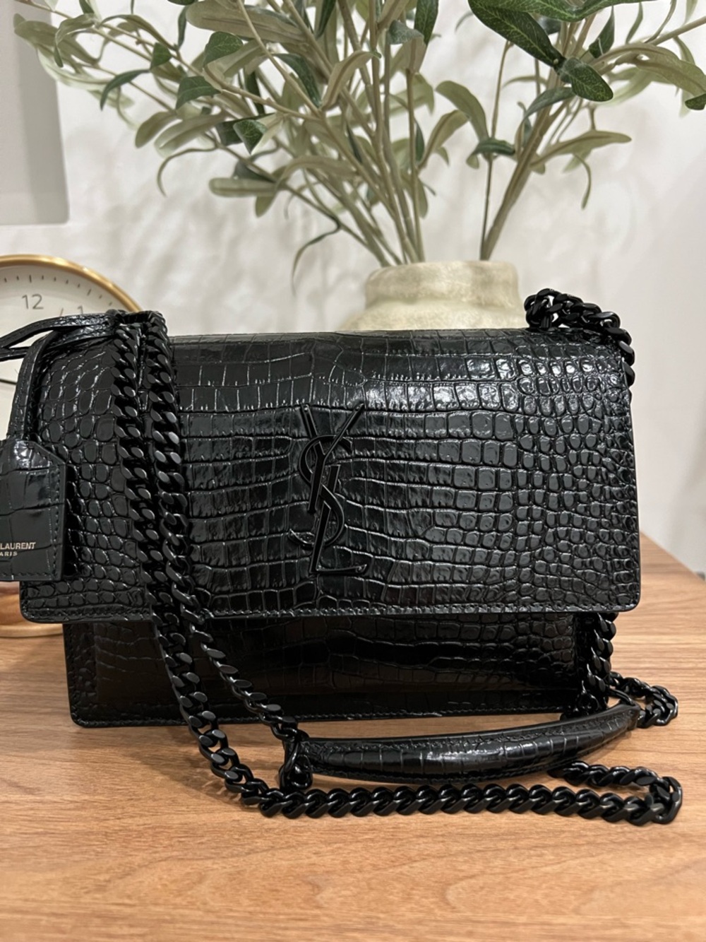 Saint Laurent Black Croc-Embossed Chain Shoulder Bag